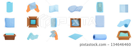 Bubble wrap package icons set. Warehouse worker packing fragile goods using bubble wrap for safe shipping Bubble wrap package icons set. Warehouse worker packing fragile goods using bubble wrap for safe shipping 134646460