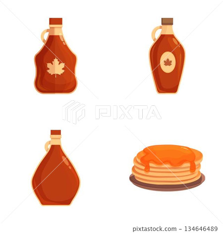 Maple syrup bottles and pancakes illustration set 134646489