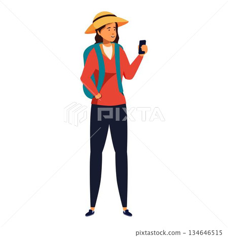 Traveller is consulting her phone while standing 134646515