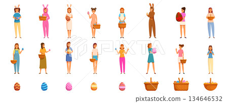 Girl holding Easter eggs icons set. People celebrating easter sunday with painted eggs and baskets icons set Girl holding Easter eggs icons set. People celebrating easter sunday with painted eggs and baskets icons set 134646532