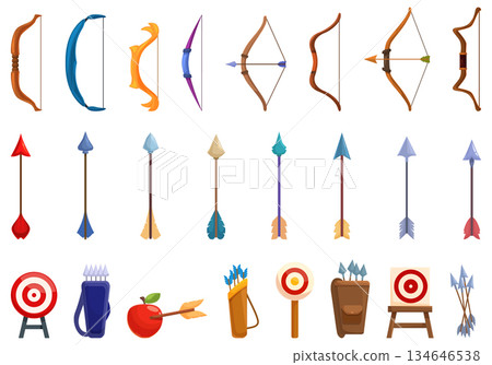 Archery shoot weapon icons set cartoon vector. Arrow game 134646538