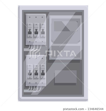 Gray metal electrical panel with fuses and switches for managing power supply 134646544