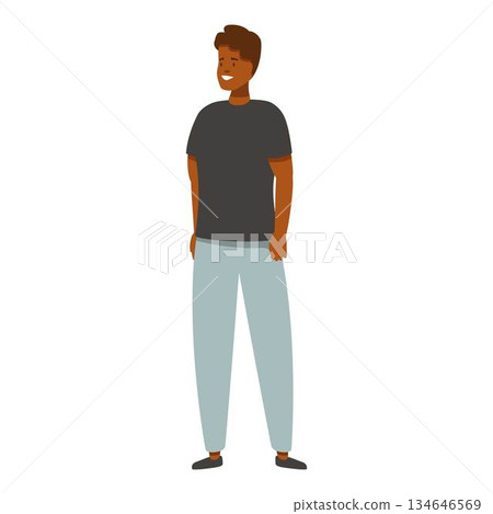 Young man standing with hands in pockets is smiling and looking away Young man standing with hands in pockets is smiling and looking away 134646569