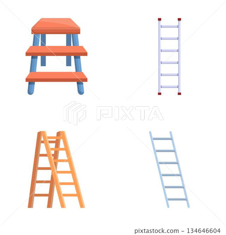 Stepladder icons set cartoon vector. Various type of metal and wooden ladder Stepladder icons set cartoon vector. Various type of metal and wooden ladder 134646604