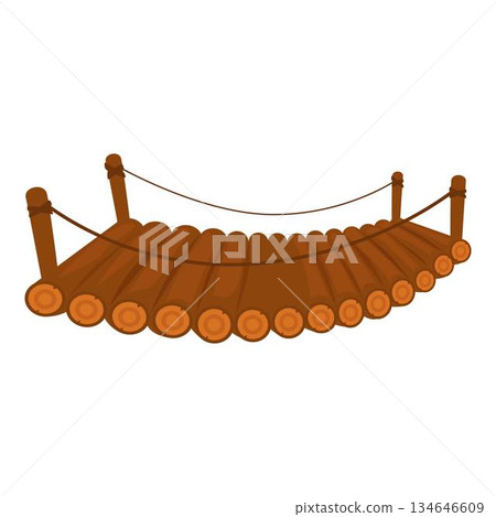 Wooden suspended bridge connecting two sides with rope railing 134646609