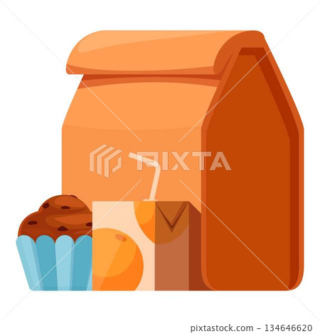 Packed lunch with muffin and orange juice in front of brown paper bag 134646620