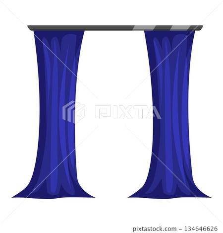 Blue curtains hanging on metal rod creating elegant atmosphere 134646626