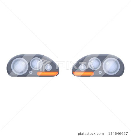 Pair of modern car headlights with reflectors shining brightly 134646627