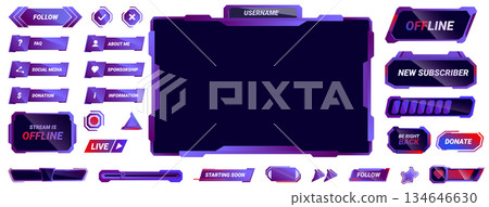 Game overlay icons set. Set of modern, colorful panels, buttons, and alerts for a live stream interface 134646630
