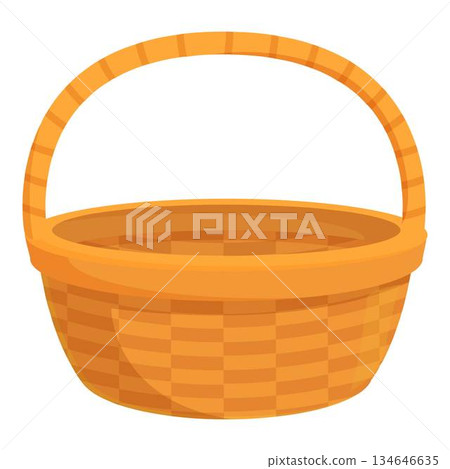 Empty wicker basket standing with handle up for storage Empty wicker basket standing with handle up for storage 134646635