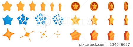 Star animation sprite icons set. Collection of colorful cartoon stars and coins rotating and breaking for game design 134646637
