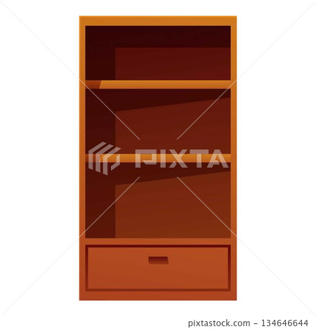 Empty wooden bookcase with drawer standing isolated Empty wooden bookcase with drawer standing isolated 134646644