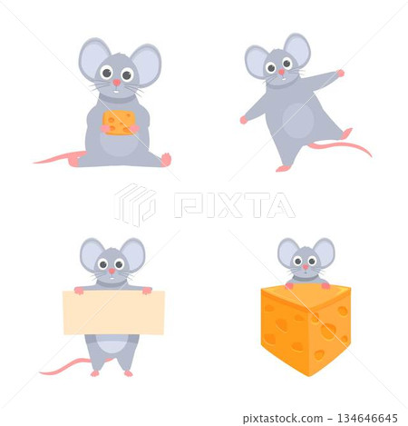 Set of four adorable cartoon mice in various poses on a white background 134646645