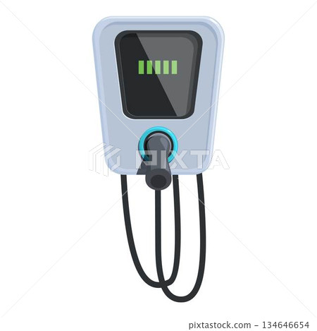 Electric vehicle charger displaying charging status on a white background Electric vehicle charger displaying charging status on a white background 134646654
