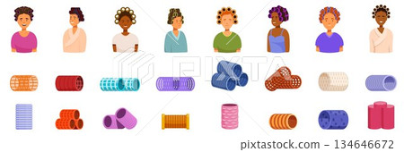 Hair rollers icon set. Women with hair curlers and different types of hair rollers 134646672