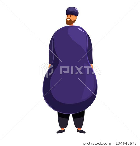 Man wearing large inflatable eggplant costume smiling and looking over shoulder 134646673