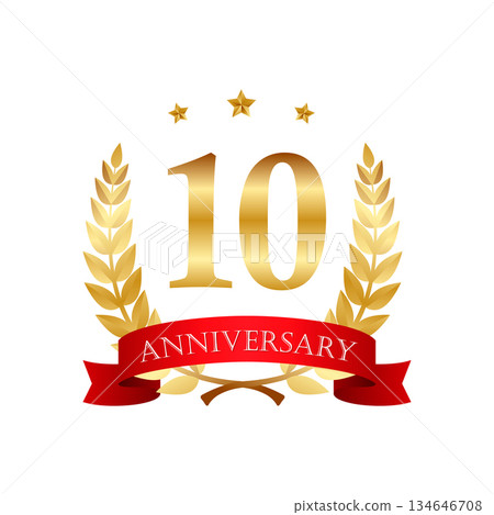 10 years anniversary golden label with ribbons 134646708