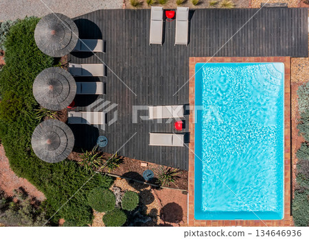 A serene outdoor space includes a clear swimming pool and lounge chairs beneath shaded umbrellas, surrounded by neatly arranged greenery in daylight 134646936