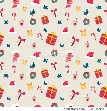 seamless pattern merry christmas and happy new year gift decoration element flat design 134646991