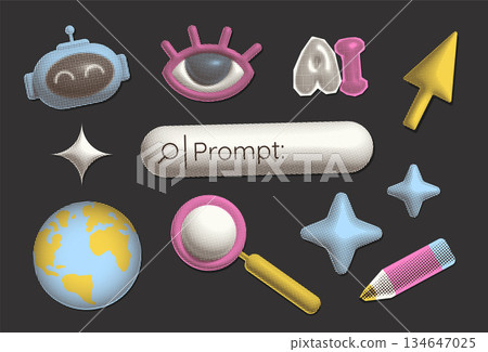 AI searching sticker set in retro paper halftone collage style. Robot mascot, loupe icon, globe , search screen and interface symbols for digital tools, neural network visuals vector illustration. AI searching sticker set in retro paper halftone collage style. Robot mascot, loupe icon, globe , search screen and interface symbols for digital tools, neural network visuals vector illustration. 134647025