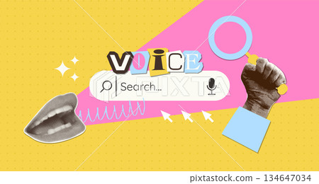 Voice search metaphor. Questioning mouth and Human hand with magnifying glass in dotted style. Search bar with halftone collage elements. Vector mixed media design. AI or voice assistant concept. Voice search metaphor. Questioning mouth and Human hand with magnifying glass in dotted style. Search bar with halftone collage elements. Vector mixed media design. AI or voice assistant concept. 134647034