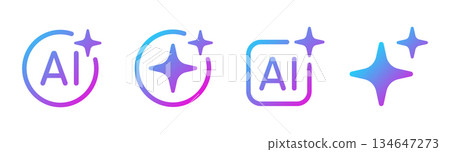 AI star icon set. Artificial intelligence symbol. Gradient blue purple digital AI robot sign. Magic star smart assistant sign. Modern design element. Vector illustration isolated on white background. 134647273