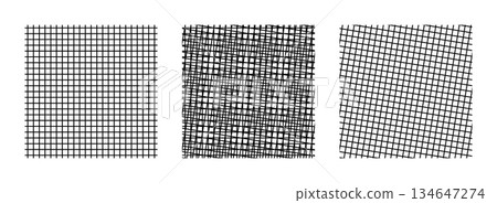 Moire pattern created by superimposing two grids. Grid with vertical and horizontal lines on the left, rotated 9 degrees on the right, both grids put together in the center, creating a Moire pattern. Moire pattern created by superimposing two grids. Grid with vertical and horizontal lines on the left, rotated 9 degrees on the right, both grids put together in the center, creating a Moire pattern. 134647274
