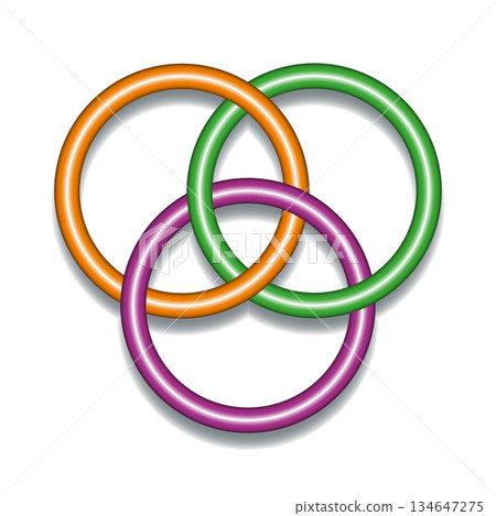Borromean rings, in mathematics three flexible, not flat, interlinked rings or loops, that are inseparable as a group, but fall apart if any single ring is removed. Symbol for unity and partnership. 134647275