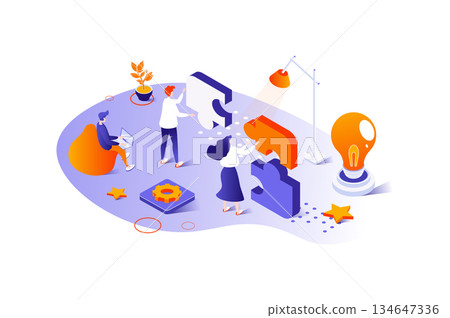 Teamwork 3d isometric concept with isometry people design for web. Businessman and businesswoman working together at meeting, creating union partnership with synergy and support. Vector illustration. Teamwork 3d isometric concept with isometry people design for web. Businessman and businesswoman working together at meeting, creating union partnership with synergy and support. Vector illustration. 134647336