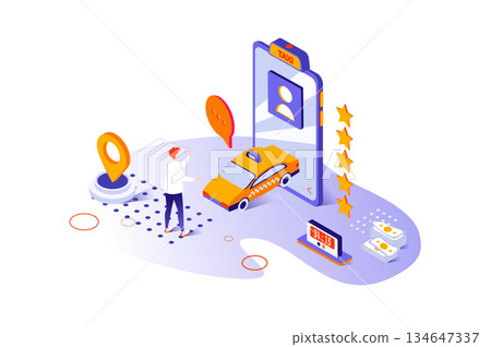 Taxi service 3d isometric concept with isometry people design for web. Passenger choosing and booking online automobile transportation or city transfer and using mobile app. Vector illustration. 134647337