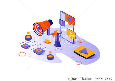 Social media marketing 3d isometric concept with isometry people design for web. Woman making advertising with SMM strategy, online business promotion and new clients attraction. Vector illustration. 134647339