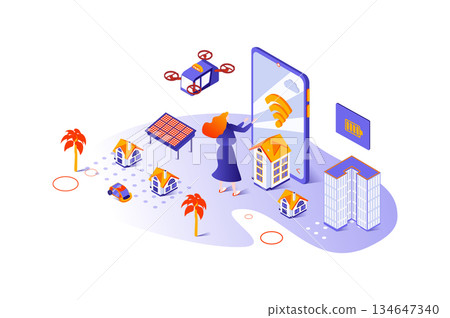 Smart city 3d isometric concept with isometry people design for web. Woman living in city with urban infrastructure and suburb, smart automation system and wireless connection. Vector illustration. 134647340