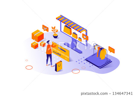 Shopping 3d isometric concept with isometry people design for web. Man buying fashion clothes in internet store, making online payment with credit card, ordering delivery service. Vector illustration. 134647341