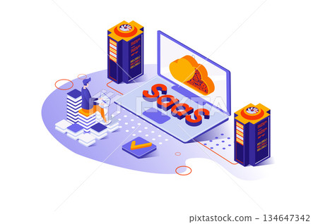 SaaS 3d isometric concept with isometry people design for web. Users subscribe to software as a service, using cloud computing and storage service, purchasing digital licenses. Vector illustration. 134647342