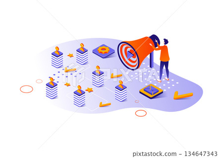 Referral marketing 3d isometric concept with isometry people design for web. Man sharing business info in social media, loyal customers refer a friends, announcing and inviting. Vector illustration. Referral marketing 3d isometric concept with isometry people design for web. Man sharing business info in social media, loyal customers refer a friends, announcing and inviting. Vector illustration. 134647343