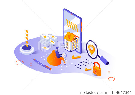 Real estate 3d isometric concept with isometry people design for web. Man searching new home in mobile app, choosing building skyscrapers and residential houses for rental. Vector illustration. 134647344