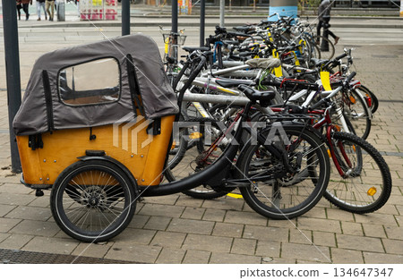 Modern cargo bike, ecological bicycle parked on urban street 134647347