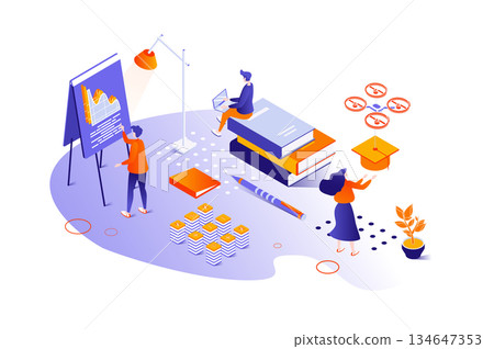 Education 3d isometric concept with isometry people design for web. Students learning in class, pupils studying and reading books, making presentation for lessons, graduating. Vector illustration. Education 3d isometric concept with isometry people design for web. Students learning in class, pupils studying and reading books, making presentation for lessons, graduating. Vector illustration. 134647353