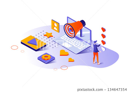 Digital marketing 3d isometric concept with isometry people design for web. Man doing advertisement in social media, business presentation with strategy, branding and promotion. Vector illustration. Digital marketing 3d isometric concept with isometry people design for web. Man doing advertisement in social media, business presentation with strategy, branding and promotion. Vector illustration. 134647354