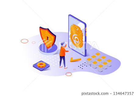 Cyber security 3d isometric concept with isometric people design for web. User protecting personal data and using fingerprint scan and safe biometric identification for access. Vector illustration. Cyber security 3d isometric concept with isometric people design for web. User protecting personal data and using fingerprint scan and safe biometric identification for access. Vector illustration. 134647357