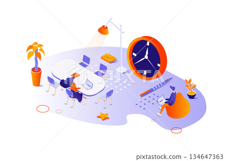Coworking office 3d isometric concept with isometry people design for web. Businessman and businesswoman working at laptops in open workplace. Colleagues meeting and teamwork. Vector illustration. 134647363