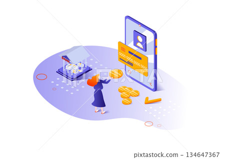 Banking services 3d isometric concept with isometry people design for web. Woman making financial transactions, managing her personal finances online, paying with credit card. Vector illustration. 134647367