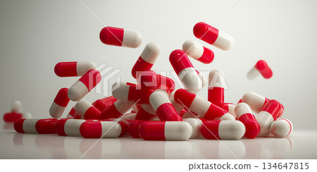 醫學概念背景，紅色和白色膠囊在白色背景上飛行 134647815