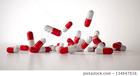醫學概念背景，紅色和白色膠囊在白色背景上飛行 134647816
