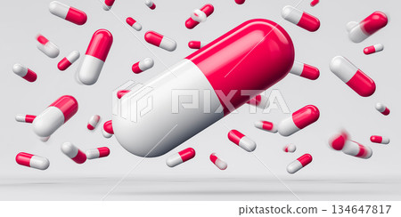 醫學概念背景，紅色和白色膠囊在白色背景上飛行 134647817
