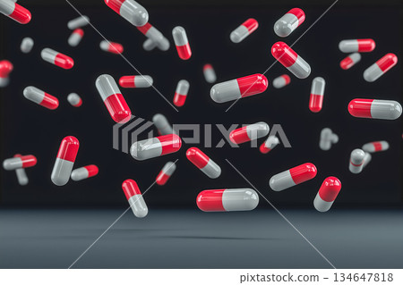 醫學概念背景,紅色和白色膠囊在白色背景上飛行 醫學概念背景,紅色和白色膠囊在白色背景上飛行 134647818