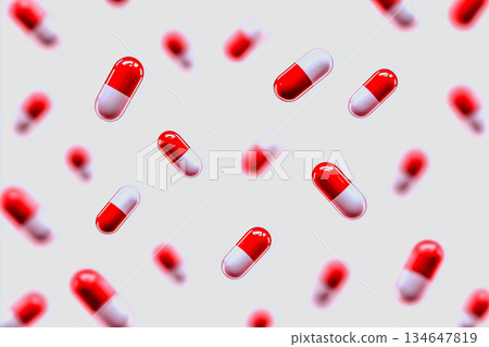 醫學概念背景，紅色和白色膠囊在白色背景上飛行 134647819