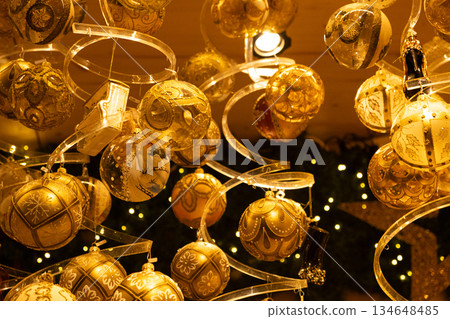 Lovely Christmas Card with Lots of Yellow Christmas Tree Balls. 134648485