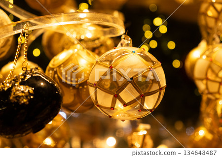 Lovely Christmas Card with Lots of Yellow Christmas Tree Balls. 134648487