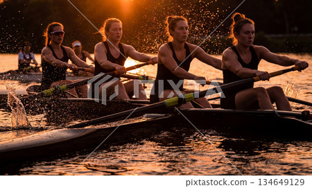 Women rowers power through sunset water. Rowing crew training, rowing sprint scene for olympics campaign, summer games promo, teamwork fitness concept, golden hour splashes, sport spirit 134649129